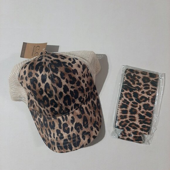 C.C Ponytail hat Adjustable Mesh Leopard print Ponycap trucker hat & slim koozie - Picture 7 of 8